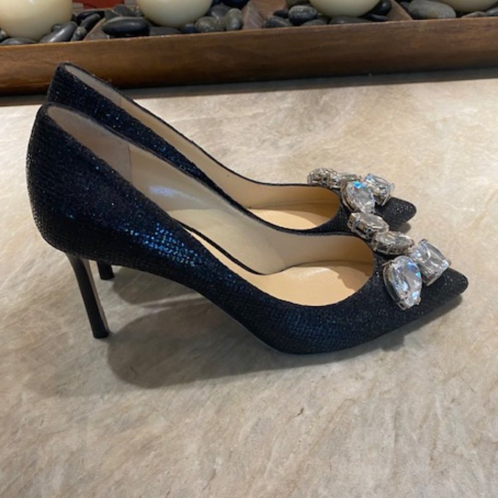 Jimmy Choo Black sequin 3" heels with large diamond looking attachment